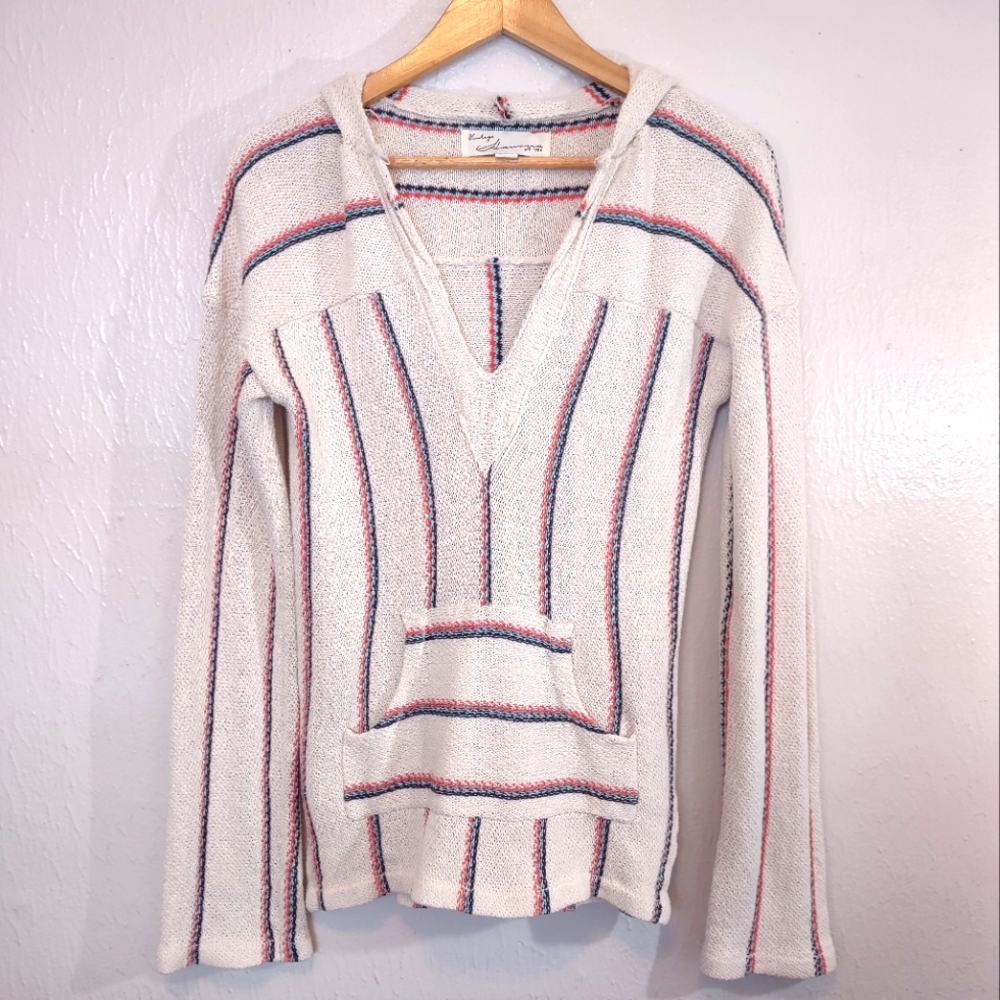Striped Hood Vintage Havana Striped 90's Style Surf Baja Sweater Pullover Size M